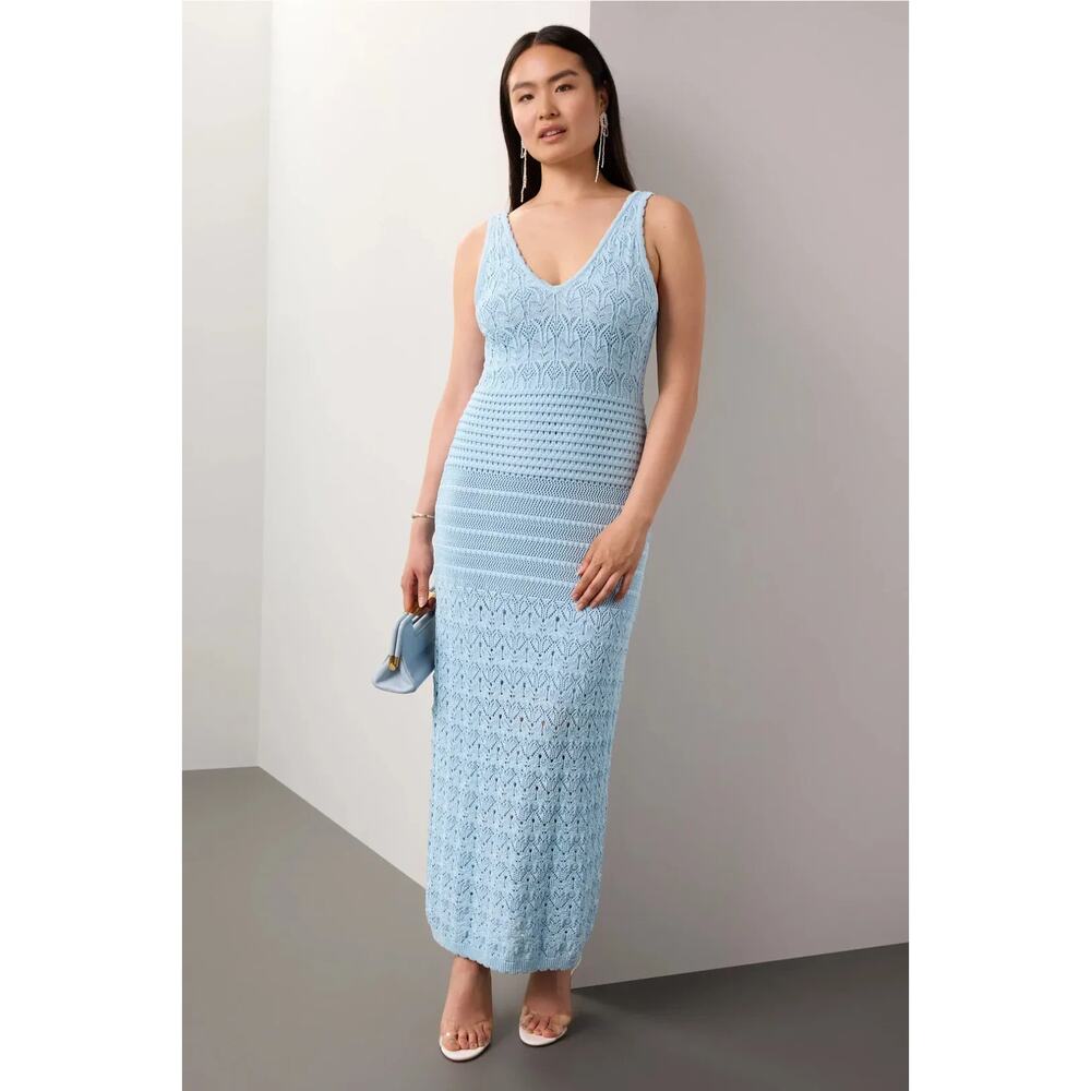 Ronny Kobo Blue Knit Crochet V-Neck Sleeveless Maxi Dress - Size S